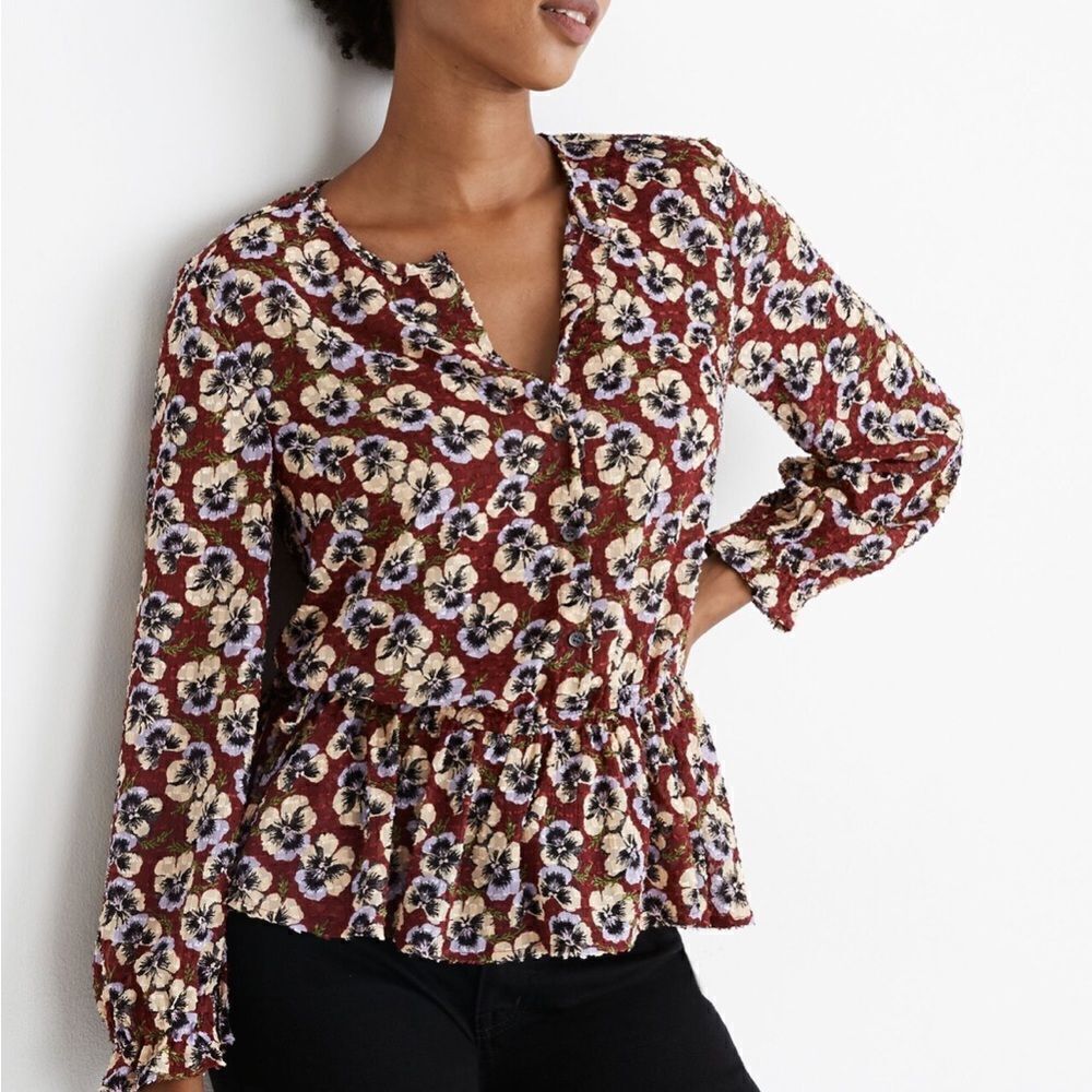 Drawstring Ruffle-Hem Sheer Top in Pansy Floral Dusty Burgundy NWT Size: S